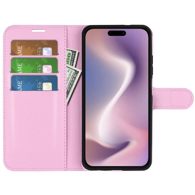iPhone 16 Pro Handy Hülle - Litchi Leder Bookcover Series - rosa