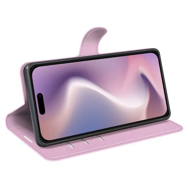 iPhone 16 Pro Handy Hülle - Litchi Leder Bookcover Series - rosa