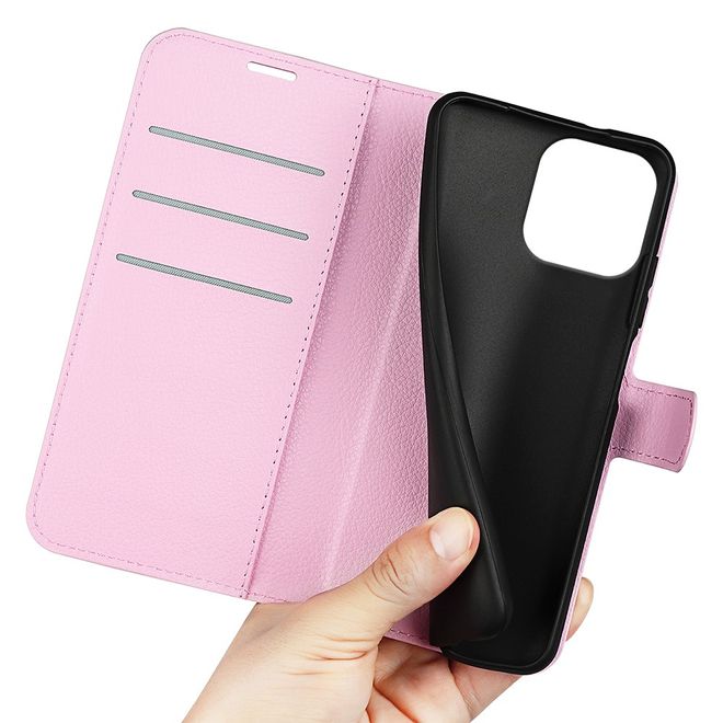 iPhone 16 Pro Handy Hülle - Litchi Leder Bookcover Series - rosa