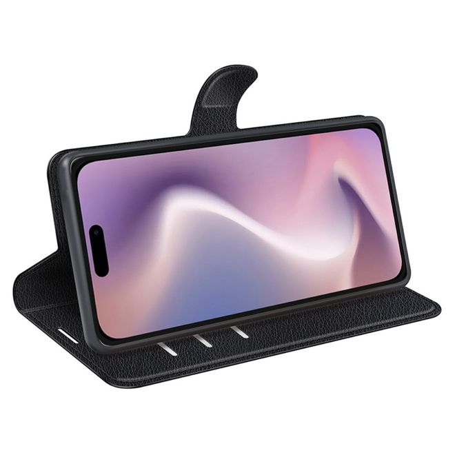 iPhone 16 Pro Handy Hülle - Litchi Leder Bookcover Series - schwarz