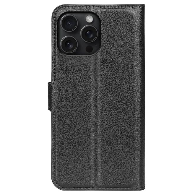 iPhone 16 Pro Handy Hülle - Litchi Leder Bookcover Series - schwarz