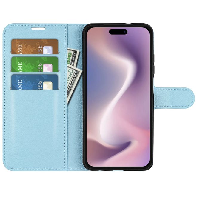iPhone 16 Pro Handy Hülle - Litchi Leder Bookcover Series - blau