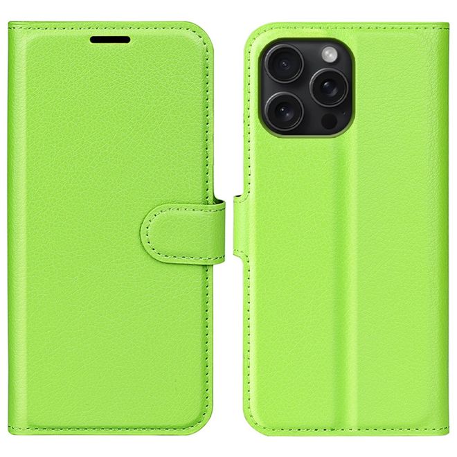 iPhone 16 Pro Handy Hülle - Litchi Leder Bookcover Series - grün