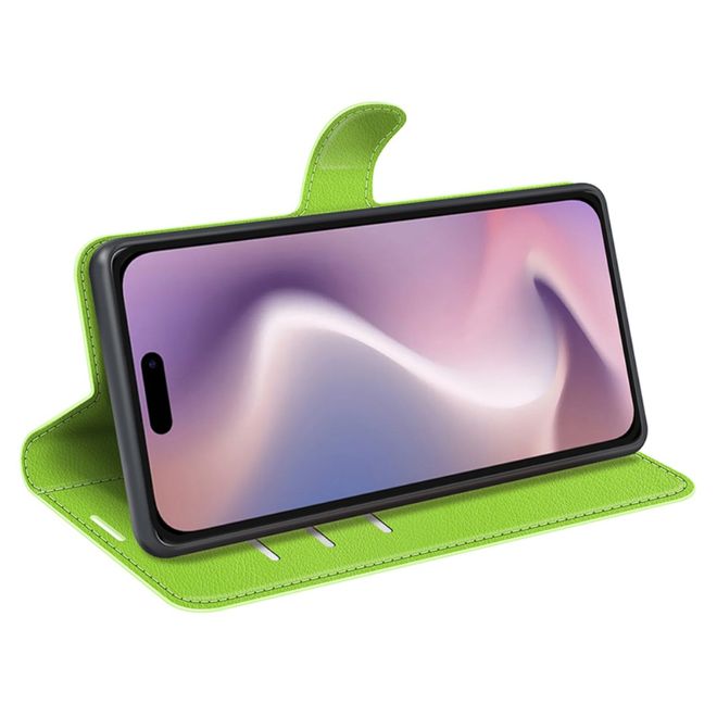 iPhone 16 Pro Handy Hülle - Litchi Leder Bookcover Series - grün