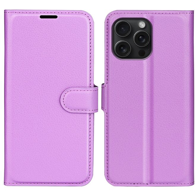 iPhone 16 Pro Handy Hülle - Litchi Leder Bookcover Series - purpur