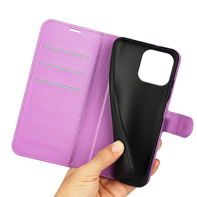 iPhone 16 Pro Handy Hülle - Litchi Leder Bookcover Series - purpur