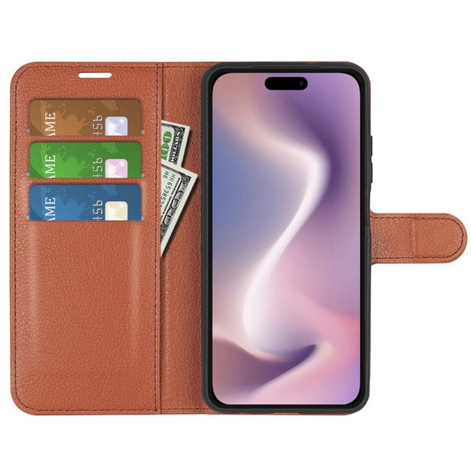 iPhone 16 Pro Phone Case - Litchi Leather Bookcover Series - Brown
