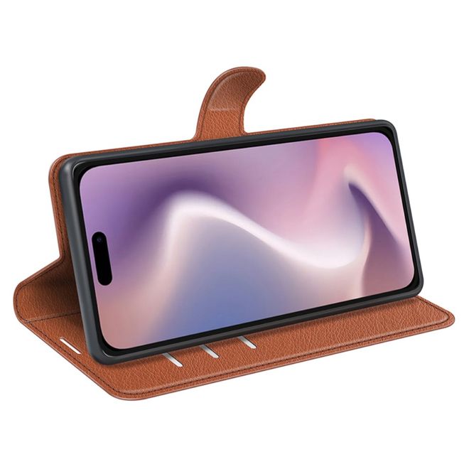 iPhone 16 Pro Phone Case - Litchi Leather Bookcover Series - Brown