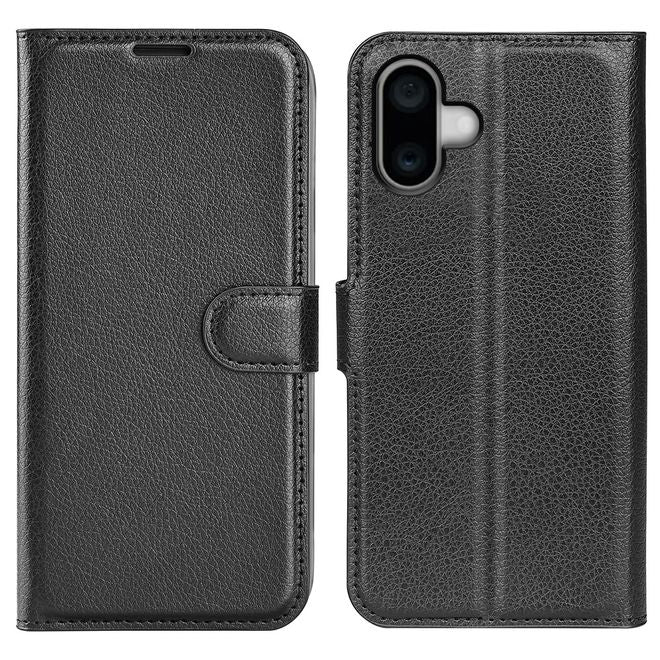 iPhone 16 Plus Phone Case - Litchi Leather Bookcover Series - Black
