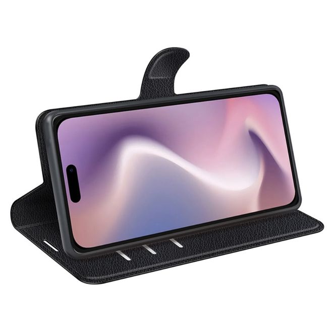iPhone 16 Plus Phone Case - Litchi Leather Bookcover Series - Black