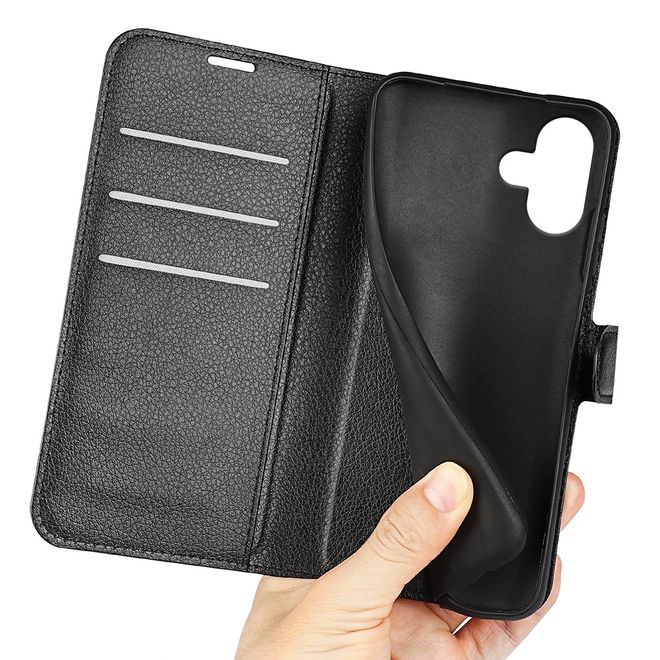 iPhone 16 Plus Phone Case - Litchi Leather Bookcover Series - Black