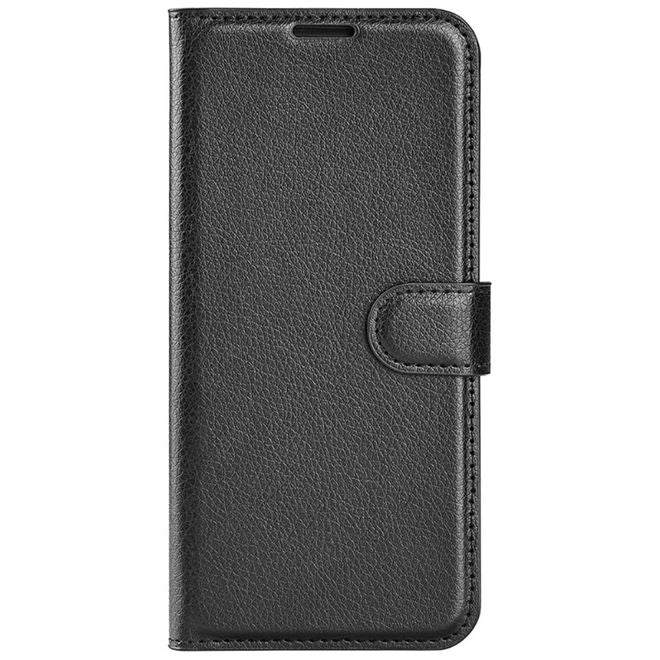iPhone 16 Plus Phone Case - Litchi Leather Bookcover Series - Black