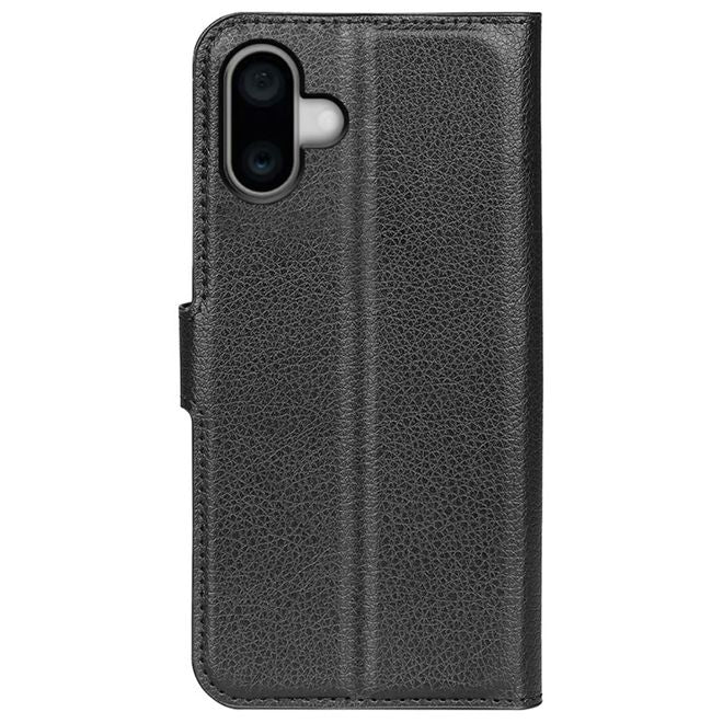 iPhone 16 Plus Phone Case - Litchi Leather Bookcover Series - Black