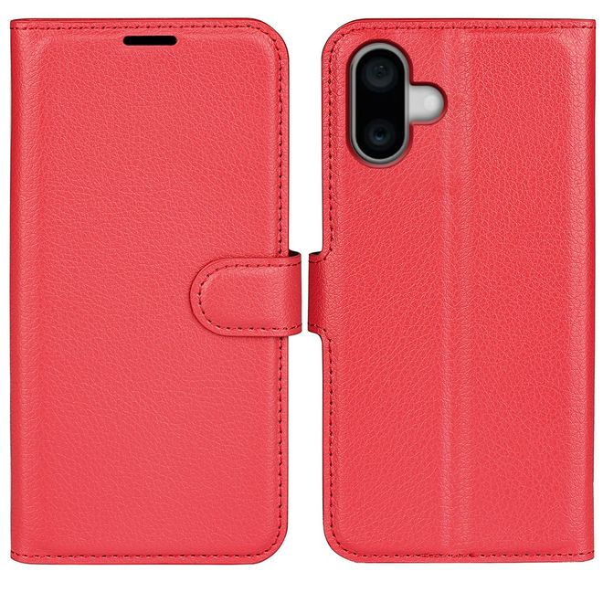 iPhone 16 Plus Phone Case - Litchi Leather Bookcover Series - Red