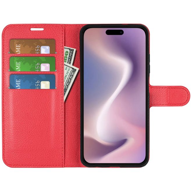 iPhone 16 Plus Phone Case - Litchi Leather Bookcover Series - Red