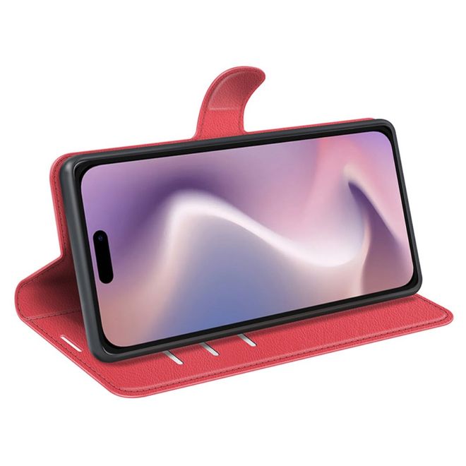 iPhone 16 Plus Phone Case - Litchi Leather Bookcover Series - Red