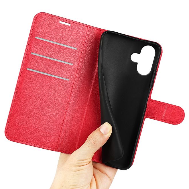iPhone 16 Plus Phone Case - Litchi Leather Bookcover Series - Red