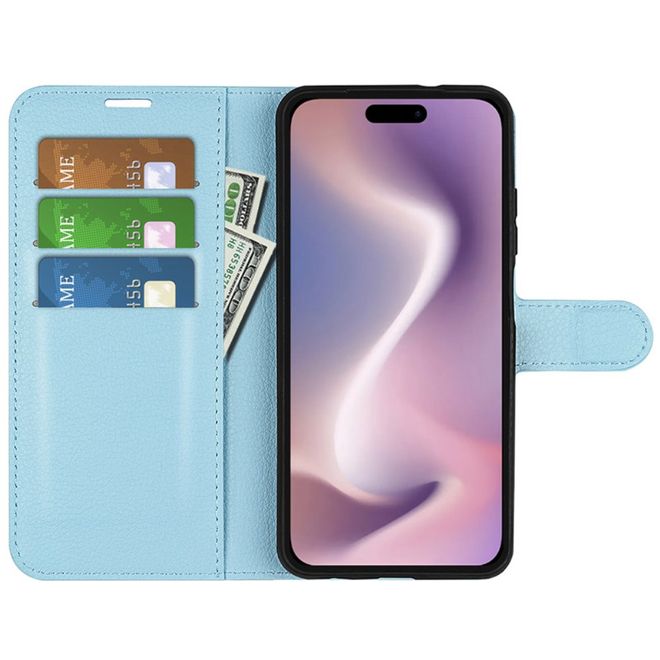 iPhone 16 Plus Phone Case - Litchi Leather Bookcover Series - Blue