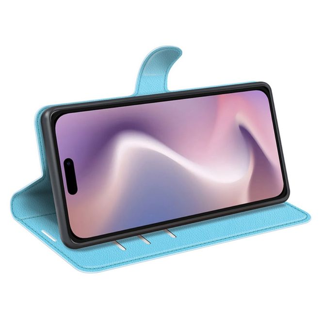 iPhone 16 Plus Phone Case - Litchi Leather Bookcover Series - Blue
