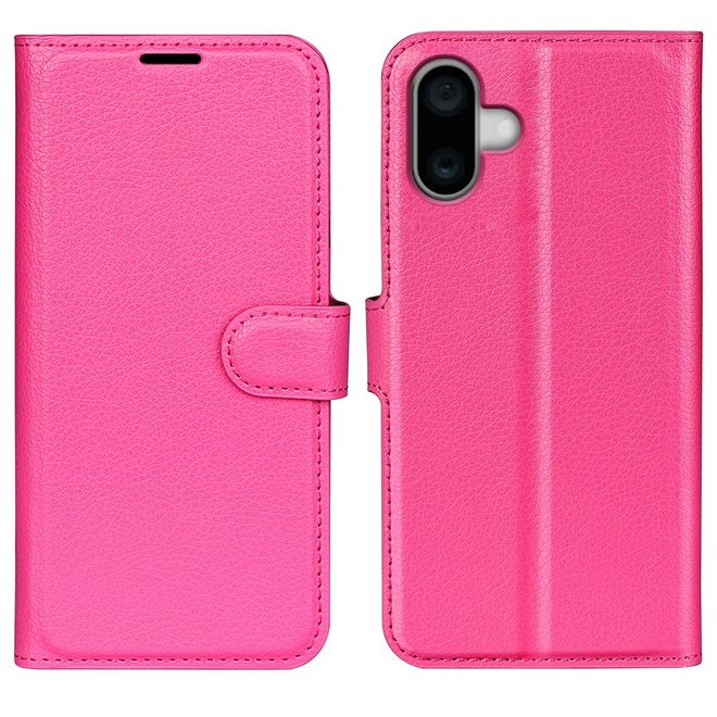 iPhone 16 Plus Phone Case - Litchi Leather Bookcover Series - Pink