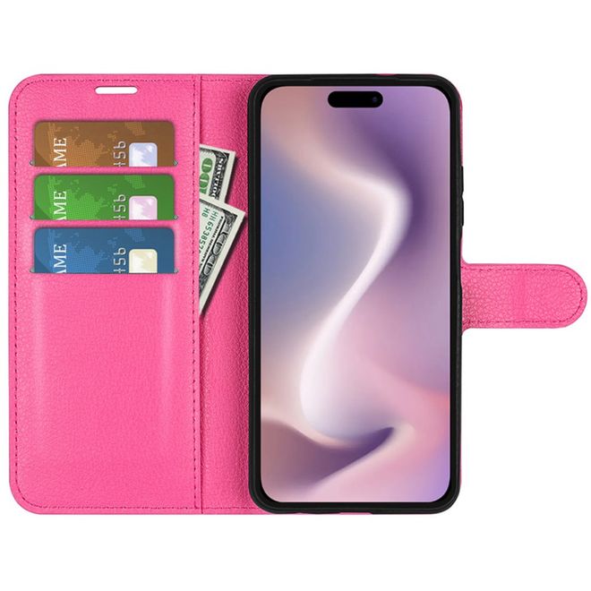 iPhone 16 Plus Phone Case - Litchi Leather Bookcover Series - Pink