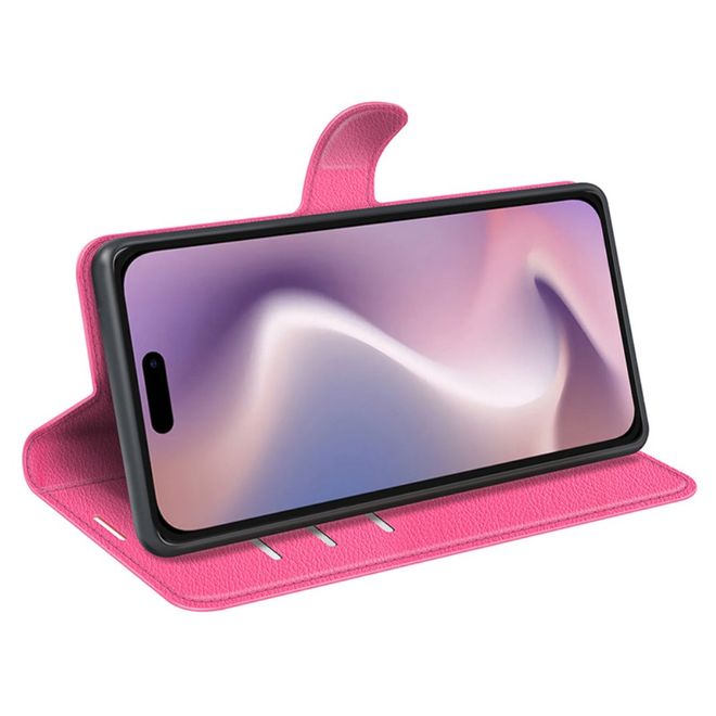 iPhone 16 Plus Phone Case - Litchi Leather Bookcover Series - Pink