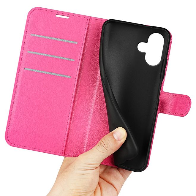 iPhone 16 Plus Phone Case - Litchi Leather Bookcover Series - Pink