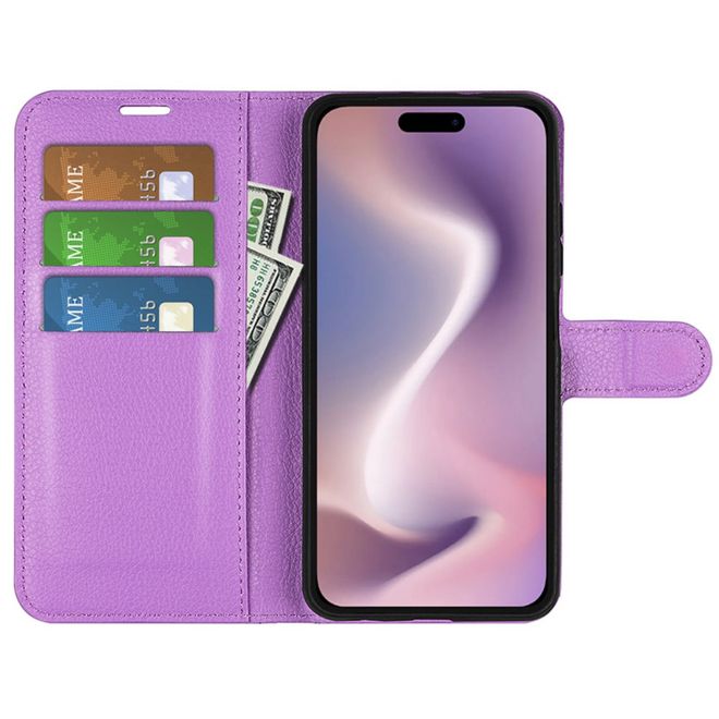 Étui pour iPhone 16 Plus - Collection Litchi Leather Bookcover - Violet