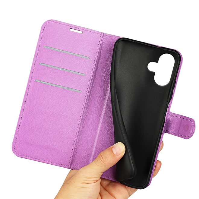 Étui pour iPhone 16 Plus - Collection Litchi Leather Bookcover - Violet