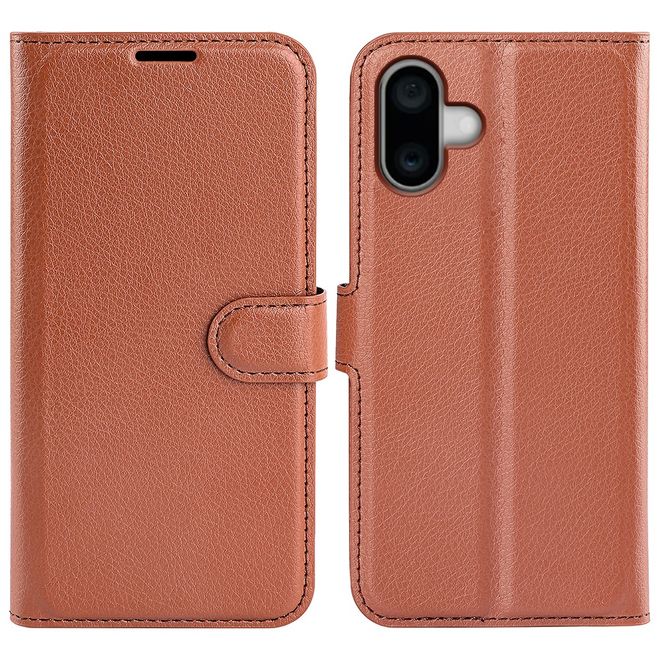 iPhone 16 Plus Phone Case - Litchi Leather Bookcover Series - Brown