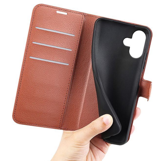 iPhone 16 Plus Phone Case - Litchi Leather Bookcover Series - Brown