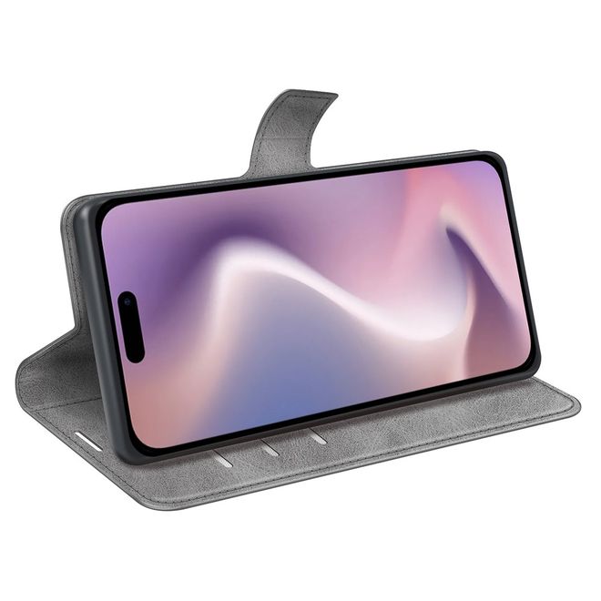 iPhone 16 Phone Case - Classic II Leather Bookcover Series - Grey