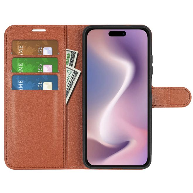 iPhone 16 Phone Case - Litchi Leather Bookcover Series - Brown