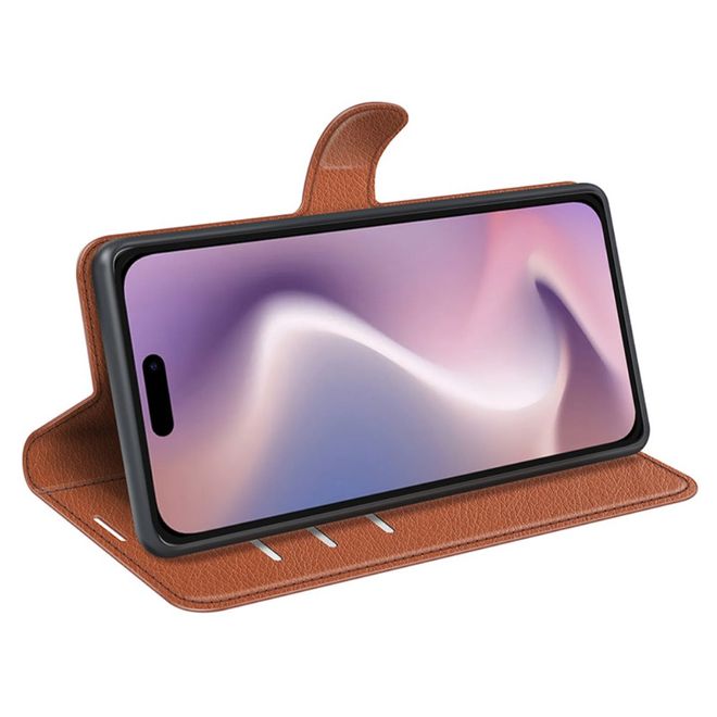 iPhone 16 Phone Case - Litchi Leather Bookcover Series - Brown
