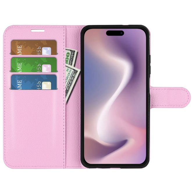 Étui pour iPhone 16 - Collection Litchi Leather Bookcover - Rose