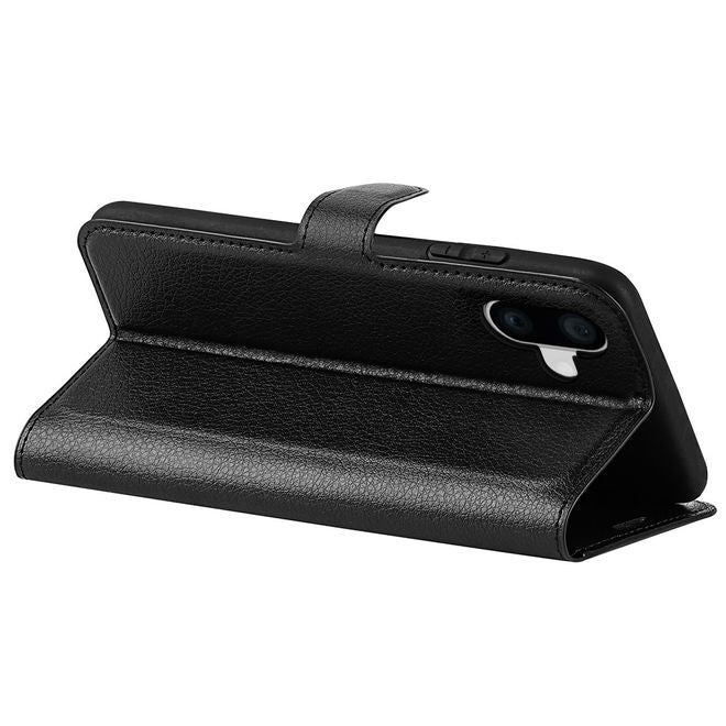 iPhone 16 Phone Case - Litchi Leather Bookcover Series - Black