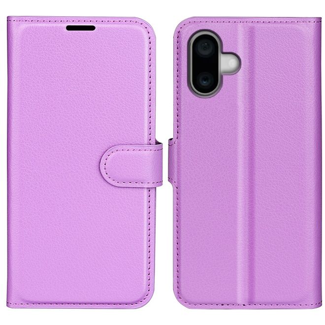 iPhone 16 Phone Case - Litchi Leather Bookcover Series - Purple
