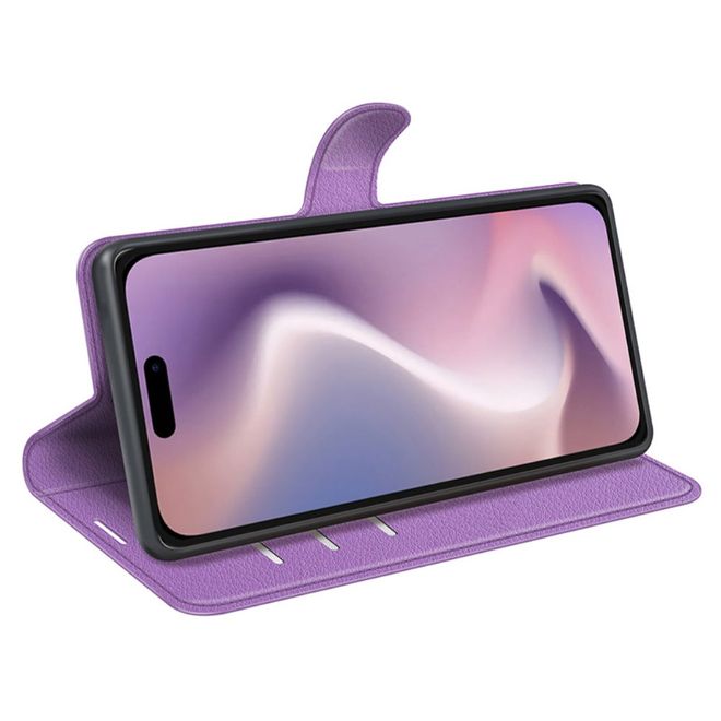 iPhone 16 Phone Case - Litchi Leather Bookcover Series - Purple