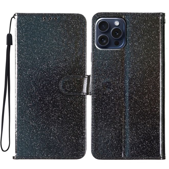 iPhone 16 Pro Max Phone Case - Glitter Leather Book Cover - PU Leather Bling Series - Black