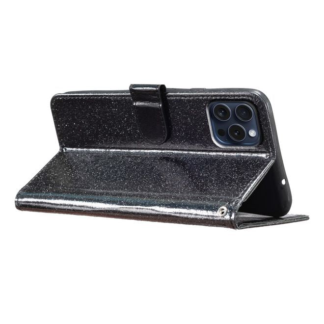 iPhone 16 Pro Max Phone Case - Glitter Leather Book Cover - PU Leather Bling Series - Black