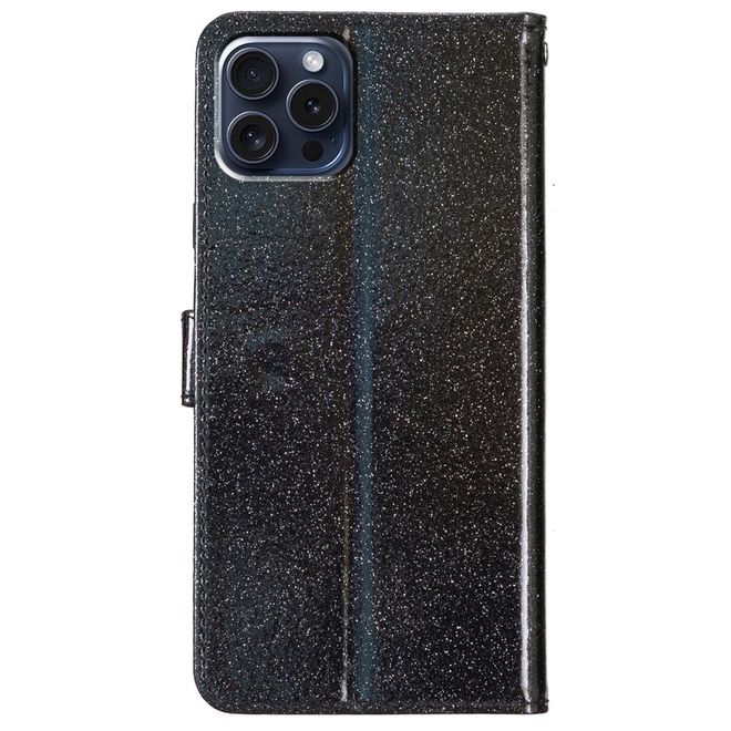 iPhone 16 Pro Max Phone Case - Glitter Leather Book Cover - PU Leather Bling Series - Black