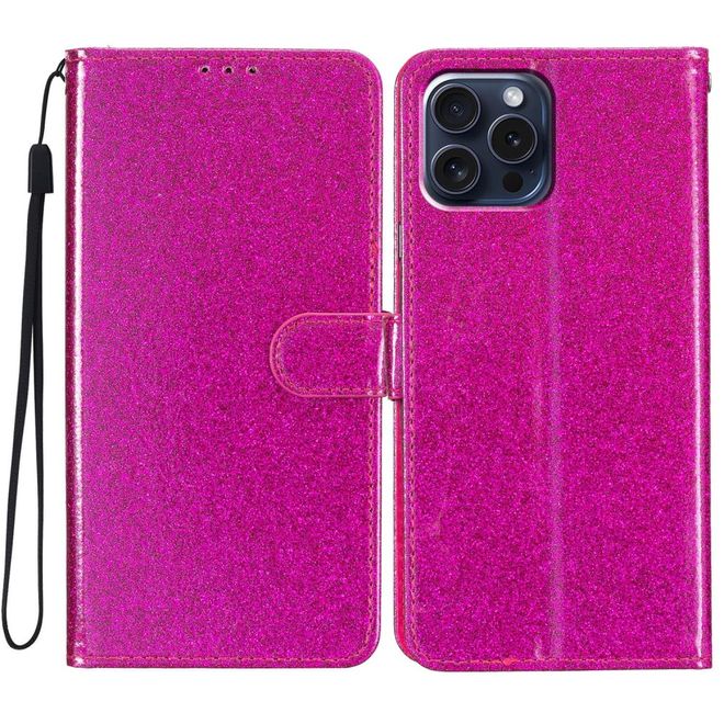 iPhone 16 Pro Max Phone Case - Glitter Leather Book Cover - PU Leather Bling Series - Pink