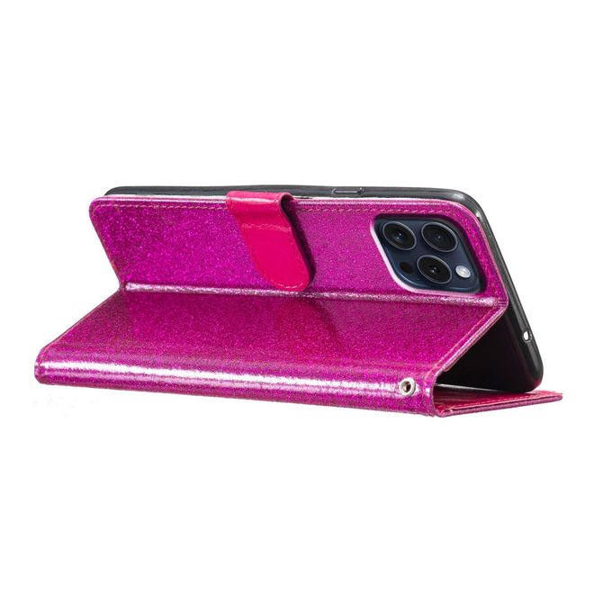 iPhone 16 Pro Max Phone Case - Glitter Leather Book Cover - PU Leather Bling Series - Pink