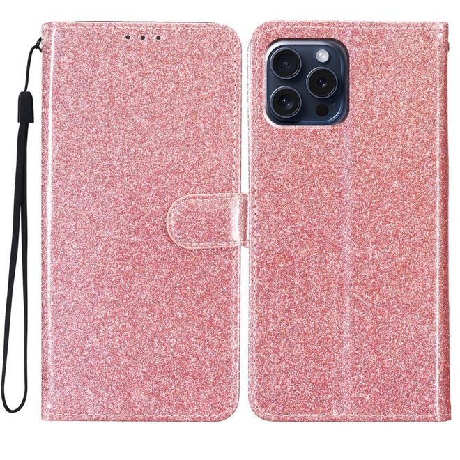 Étui pour iPhone 16 Pro Max - Couverture portefeuille en cuir pailleté - Série Bling en cuir PU - Or rose
