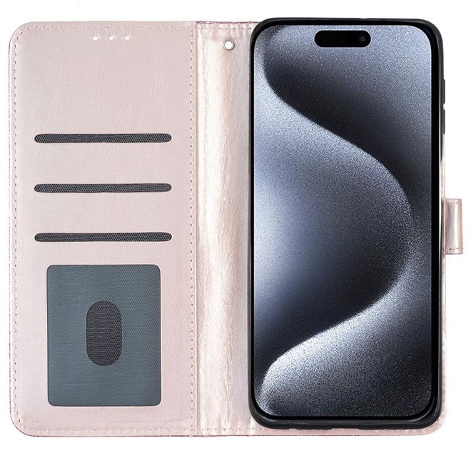 Étui pour iPhone 16 Pro Max - Couverture portefeuille en cuir pailleté - Série Bling en cuir PU - Or rose