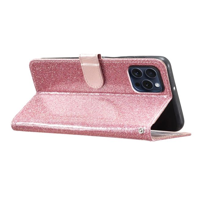 Étui pour iPhone 16 Pro Max - Couverture portefeuille en cuir pailleté - Série Bling en cuir PU - Or rose