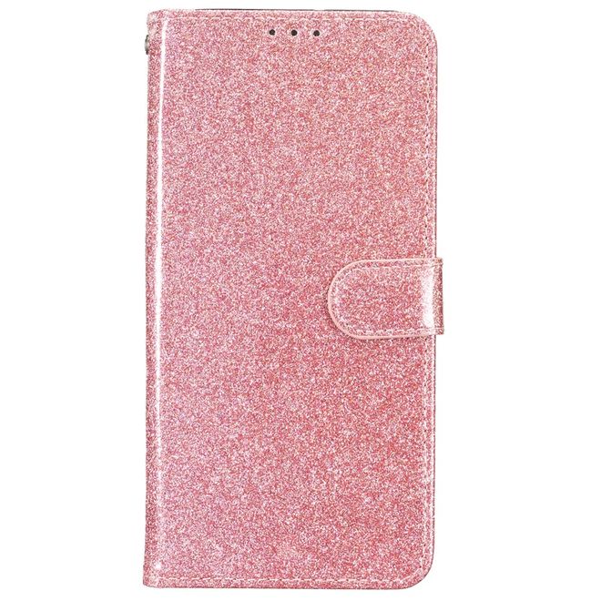 Étui pour iPhone 16 Pro Max - Couverture portefeuille en cuir pailleté - Série Bling en cuir PU - Or rose