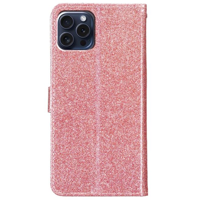 Étui pour iPhone 16 Pro Max - Couverture portefeuille en cuir pailleté - Série Bling en cuir PU - Or rose