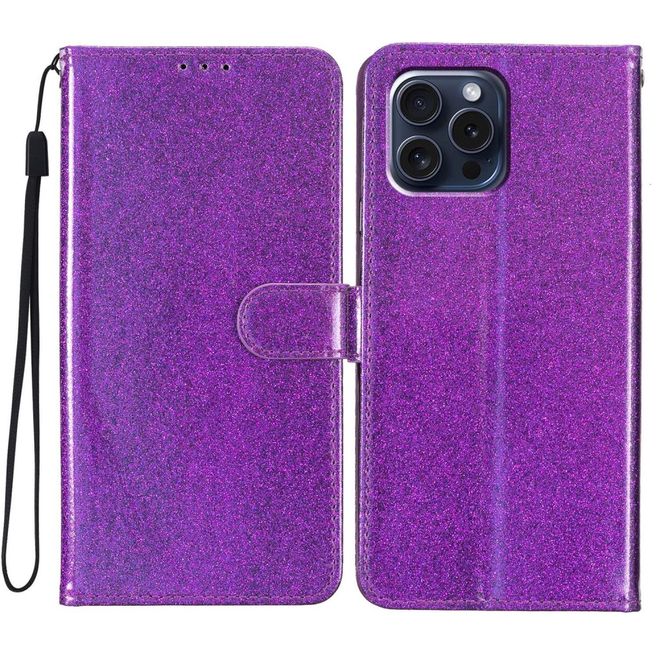 iPhone 16 Pro Max Phone Case - Glitter Leather Book Cover - PU Leather Bling Series - Purple
