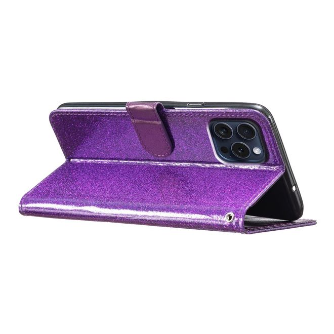 iPhone 16 Pro Max Phone Case - Glitter Leather Book Cover - PU Leather Bling Series - Purple